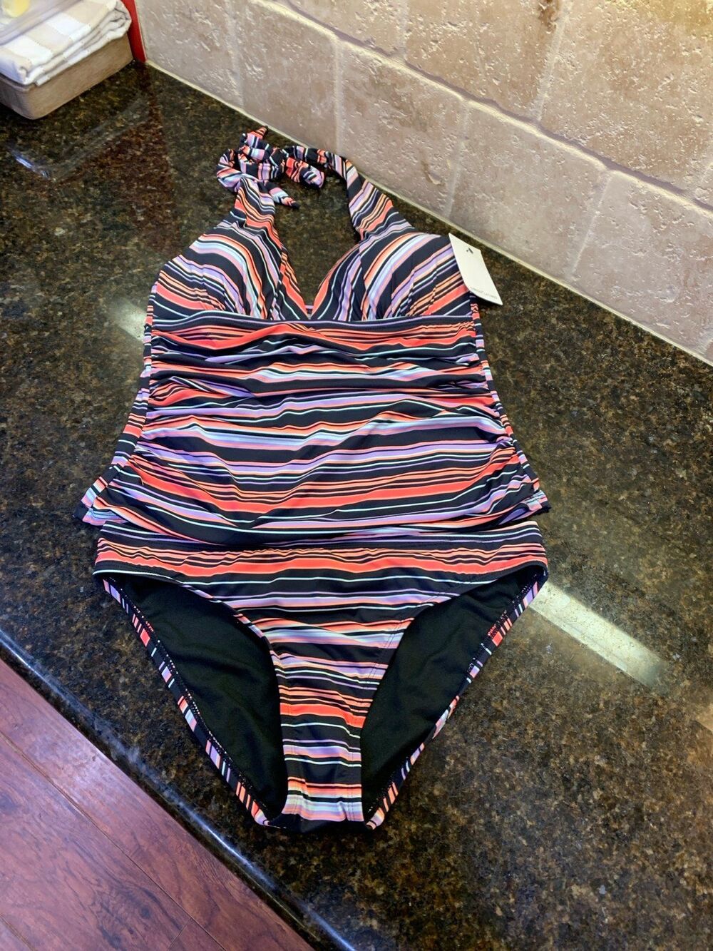 Gibson & Latimer Multi Molded Ruched Tie Neck Halterkini Swim Set XS NWT
